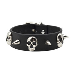Black leather bracelet with skulls, spikes, pyramids. An accessory for rockers, bikers, metalheads,...