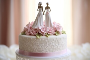Lesbian wedding cake. The top of the cake with cute figures of two charming girls. Wedding sweets.