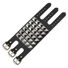 Black leather bracelet with spikes, pyramids. An accessory for rockers, bikers, metalheads, goths...