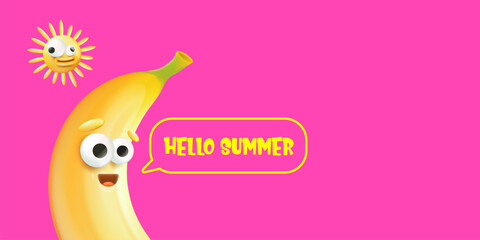 Hello summer horizontal banner with cartoon sun and funky banana character isolated on summer pink background. Vector 3d horizontal hello summer scene, poster, flyer, banner and background