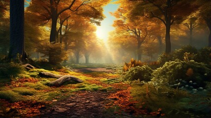 Forest path in the fall. Orange tree, early dawn scene, Generative AI.