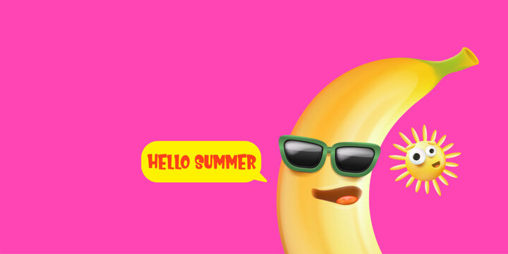 Hello summer horizontal banner with cartoon sun and funky banana character isolated on summer pink background. Vector 3d horizontal hello summer scene, poster, flyer, banner and background