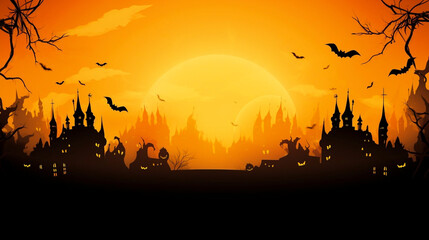 Naklejka premium copy space, City panorama in halloween style. Scary halloween isolated background. Orange and yellow background. Illustration. Halloween background.