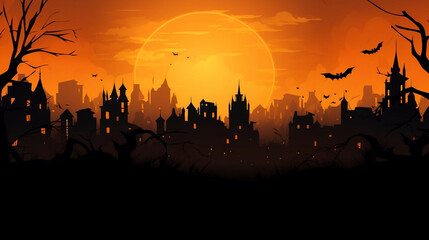 Naklejka premium copy space, City panorama in halloween style. Scary halloween isolated background. Orange and yellow background. Illustration. Halloween background.