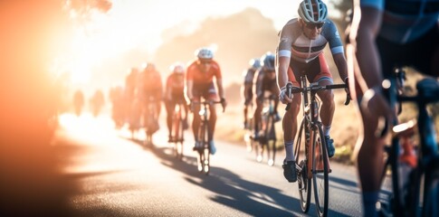 Team of cyclists rides on the highway at sunset - obrazy, fototapety, plakaty