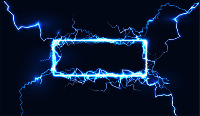Blue electric realistic flash of lightning frame on transparent background.
