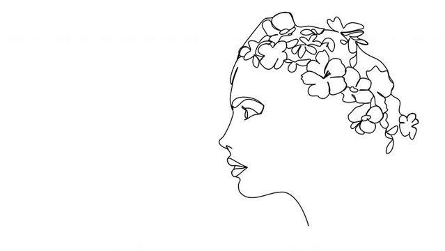 Girl portrait with flower hairstyle. Animated one line drawing video.