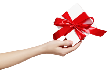 Isolated woman hands holding holiday present white Box with red ribbon on transparent background.