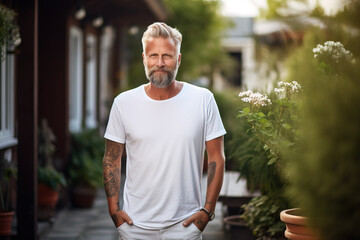 Mature bearded man on backyard of his house wearing plain white t-shirt mock up print design - obrazy, fototapety, plakaty