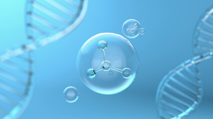 Molecule inside Liquid Bubble, 3d illustration.