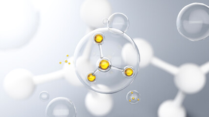 Cosmetic Essence oil Liquid Bubble with molecule background, 3d rendering.