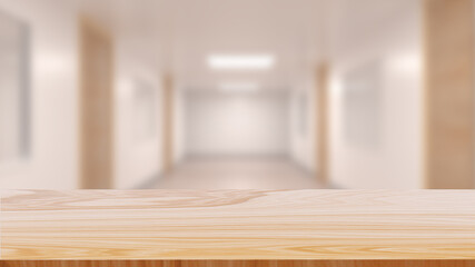 Wood table top on blurred hallway background for display or montage your products. 3d illustration.