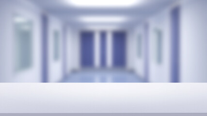 White table top with blurred blue hospital and clinic corridor on background. 3d illustration.