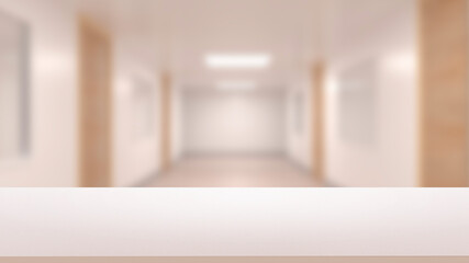 White table top or counter on blurred hallway background. For product display. 3d illustration.