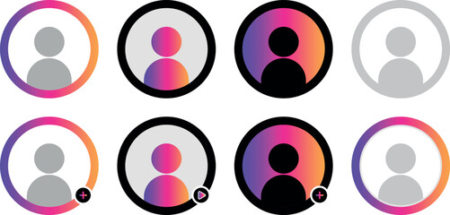 Instagram Profile Symbol, Live Video Icons For Story Stories Avatar Icons Social Media User Profile Or Instagram Concept, Play And Hashtag Tags EPS