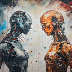 Illustration of two robots face to face like a skeleton technology science future and art fiction abstract futuristic