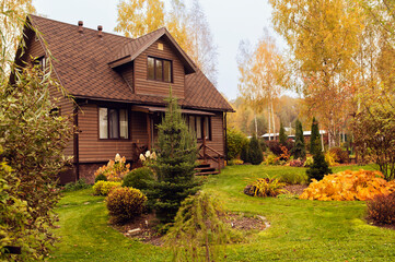 old rustic country house and autumn garden view. Bright hosta leaves, brown wooden lodge, natural style.