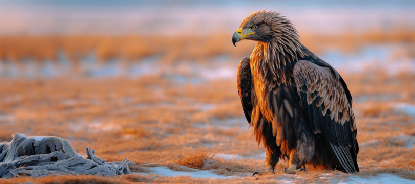 aigle ailes repli&eacute;es pos&eacute; sur un sol gel&eacute;