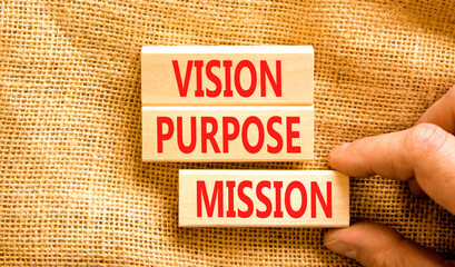 Vision purpose mission symbol. Concept word Vision Purpose Mission on beautiful block. Beautiful...