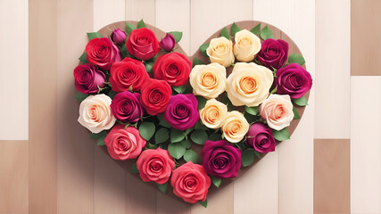 ハートの形により集めた様々な色のバラ