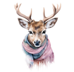 Watercolor illustration, Winter cute deer in clothes. Generative AI, png