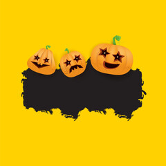 Fototapeta premium Halloween web black grunge Banner or poster with Halloween scary pumpkins isolated on orange background . Funky kids Halloween orange banner with space for greeting text or sale