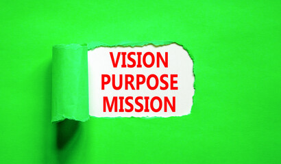 Vision purpose mission symbol. Concept word Vision Purpose Mission on beautiful white paper. Beautiful green table green background. Business motivational vision purpose mission concept. Copy space.