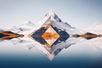 An abstract mountain range with a diamond, pyramid like graphic overlay which is symmetrical and is mirrored on the top and bottom of the image. Calm and peaceful mood. 
