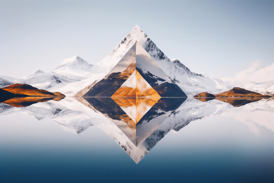 Fototapeta An abstract mountain range with a diamond, pyramid like graphic overlay which is symmetrical and is mirrored on the top and bottom of the image. Calm and peaceful mood. 