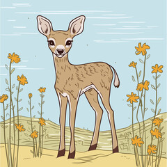 a cartoon deer standing in a field of flowers with a sky background