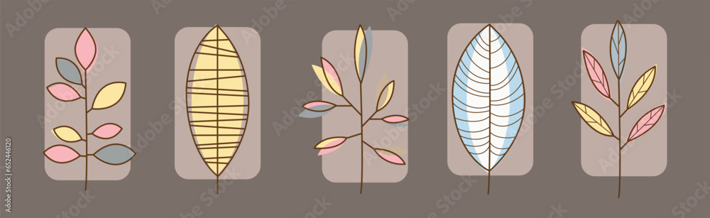 Wall mural leaf line icon with color on stem vector set