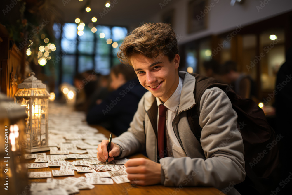 Poster a student eagerly participating in a language learning exercise with flashcards. generative ai.