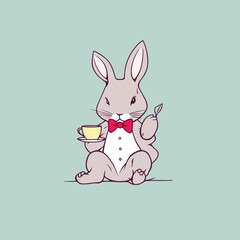 a rabbit with a cup of tea and a spoon