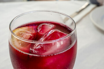 Refreshing sangria in glass on table of restaurant Spain