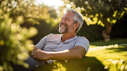 Naklejka na ściany i meble Portrait of a happy smiling man sitting on the green grass