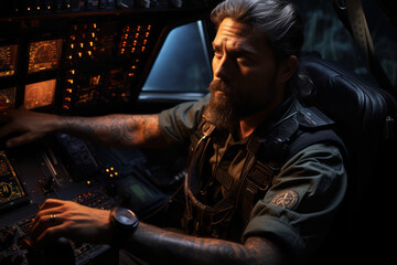 Fototapeta premium Inside a cockpit, a pilot gazes in disbelief as an otherworldly craft maneuvers close by. Generative Ai.