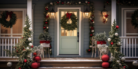 christmas decoration on a front door, cozy cottage