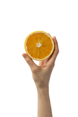 Orange in hand on white isolated background