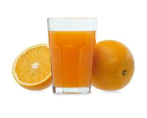 Orange juice with oranges isolated on white background