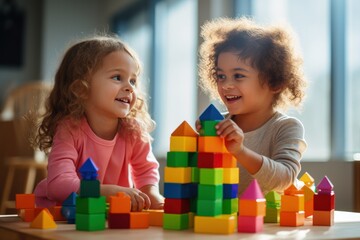 Children play with colored construction blocks, children play with mom and dad in the preschool...