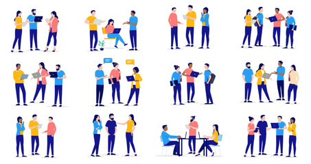 Teamwork people collection - Set of vector illustrations with businesspeople working in office together in teams with computers, talking and collaborating. businesspeople working concept