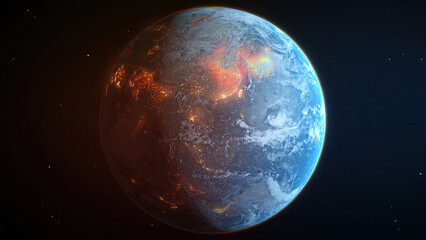 The Earth from Space, ablaze with flames, fire and heat, global warming causing climate change,