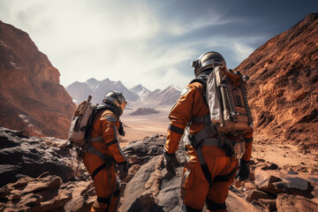 Astronauts in futuristic spacesuits exploring the surface of Mars. Generative Ai.