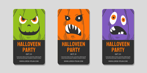 Halloween party vector flyers with monster cute and scary faces.