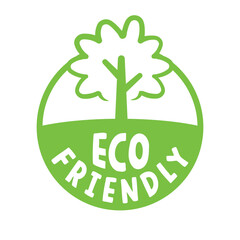 Eco friendly badge. Environmentally sustainable sticker with tree icon. Eco friendly emblem sticker.