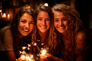 concept of happy friends with celebration sparklers