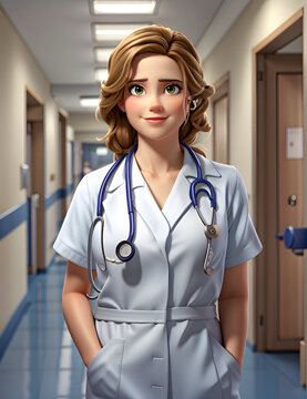 A Beautiful Golden Hair Lady Doctor With Sweet Smile Stethoscope on Shoulder Standing in Hospital Hallway Leonardo.Ai Generated Image