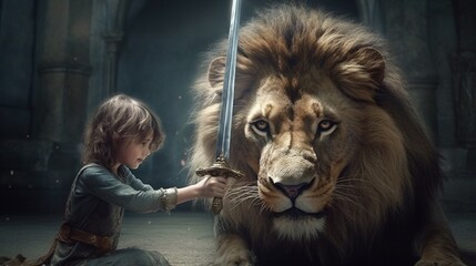 a child lion tammer facing the lion with a sword in hi.Generative AI - obrazy, fototapety, plakaty