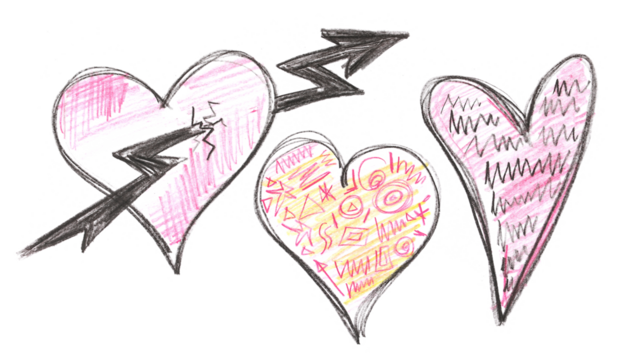 Hand draw icon heart with ornaments watercolor pencil, symbol isolated on white