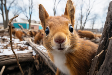 surprised amazed squirrel looks at the camera with wide open eyes
